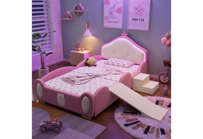 Merax Polsterbett mit LED-Streifen (1-tlg., Kunstleder Jugendbett Einzelbett Autobett), Kinderbett 90x200cm mit Rutsche, Treppe, Schutzkanten & Holzlatten von Merax