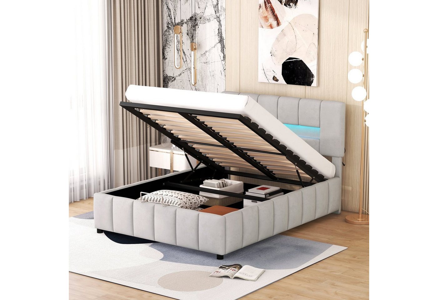 Merax Polsterbett mit LED und Lattenrost, Doppelbett 140x200 cm mit Samtbezug, Stauraumbett von Merax