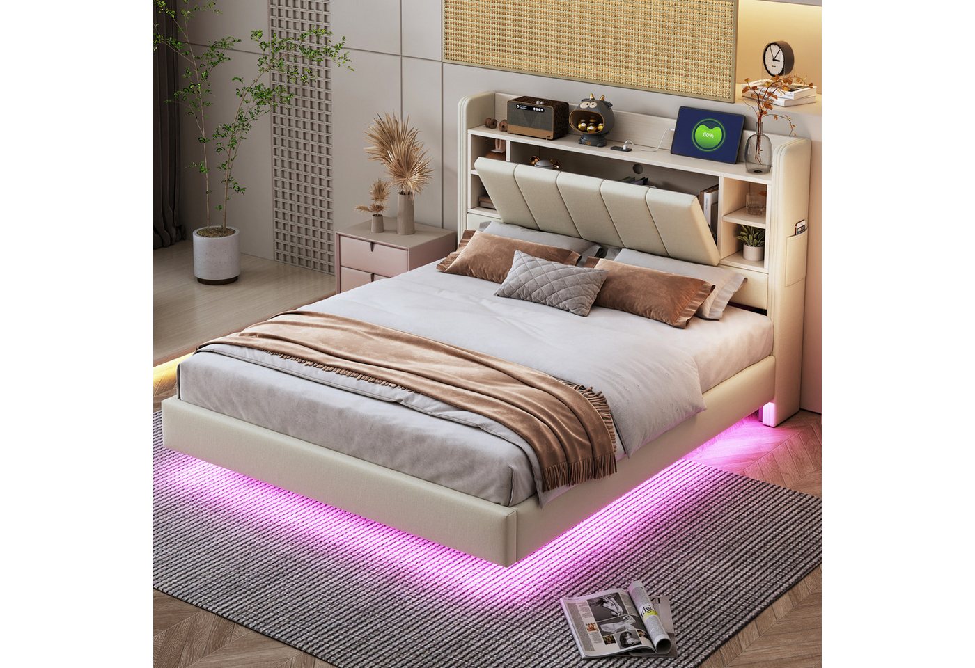 Merax Polsterbett mit LED und USB-Anschluss (1-tlg., Jugendbett Mehrzweckbett Stauraumbett), Doppelbett 140x200cm mit umklappbarem Kopfteil & Ablagefächern, Leinen von Merax