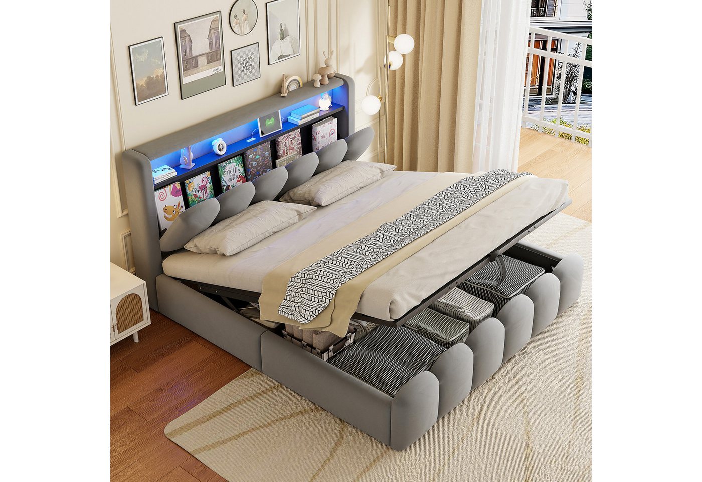 Merax Polsterbett mit LED & USB & Typ-C Anschlüssen (Stauraumbett Mehrzweckbett mit Samtstoff, 1-tlg., Blütenblatt-Design), Doppelbett 180x200cm mit hydraulischem Stauraum & Kopfteil-Fächern von Merax