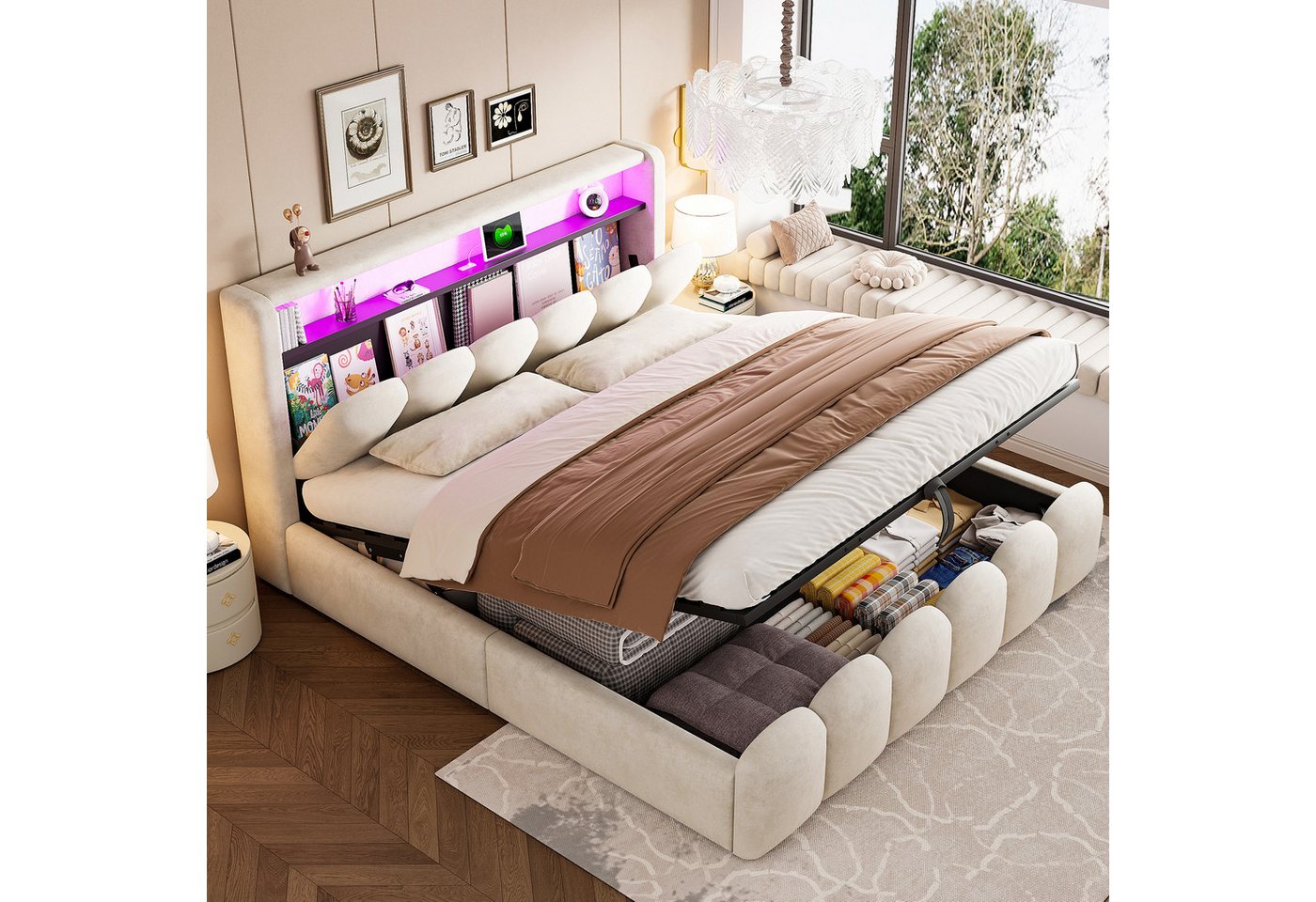 Merax Polsterbett mit LED & USB & Typ-C Anschlüssen (Stauraumbett Mehrzweckbett mit Samtstoff, 1-tlg., Blütenblatt-Design), Doppelbett 180x200cm mit hydraulischem Stauraum & Kopfteil-Fächern von Merax
