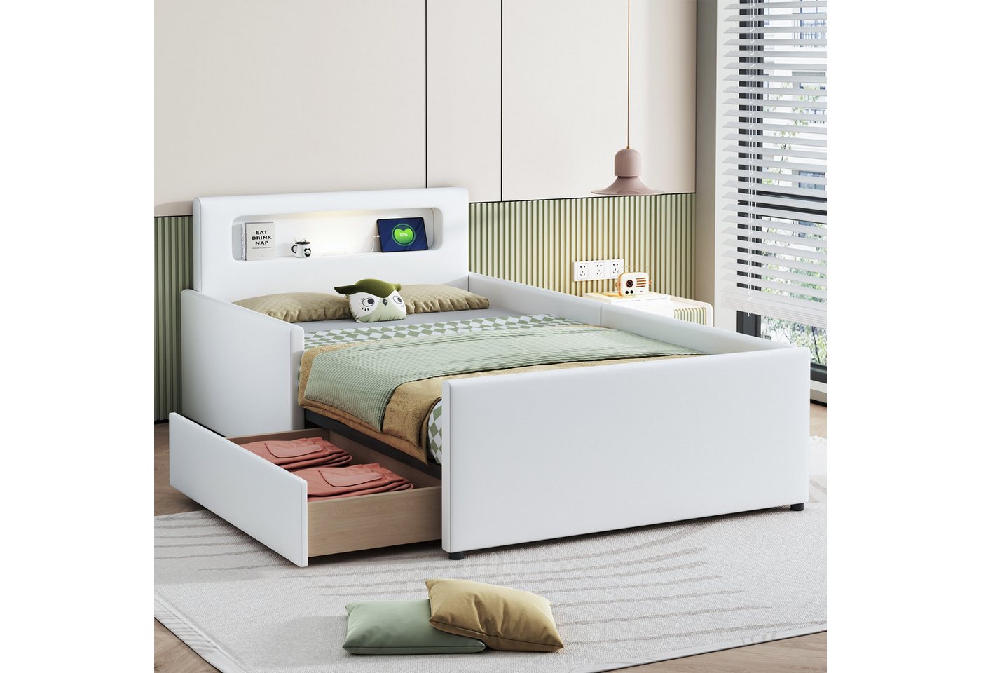 Merax Polsterbett mit USB-Ladeanschluss und Nachtlicht (Jugendbett Einzelbett, 1-tlg., aus Kunstleder), Kinderbett 90x200cm mit Schublade, Sicherheitsseiten & Stauraum von Merax