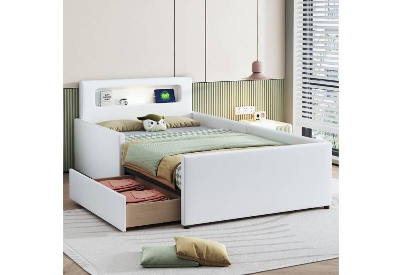 Merax Polsterbett mit USB-Ladeanschluss und Nachtlicht (Jugendbett Einzelbett, 1-tlg., aus Kunstleder), Kinderbett 90x200cm mit Schublade, Sicherheitsseiten & Stauraum von Merax
