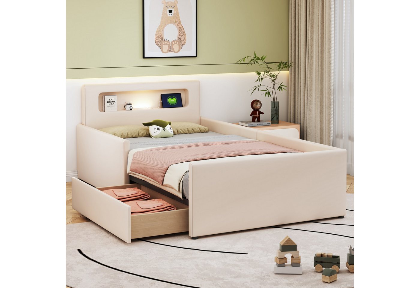 Merax Polsterbett mit USB-Ladeanschluss und Nachtlicht (Jugendbett Einzelbett, 1-tlg., aus Kunstleder), Kinderbett 90x200cm mit Schublade, Sicherheitsseiten & Stauraum von Merax