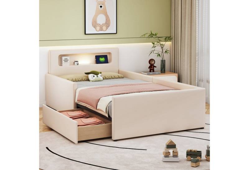 Merax Polsterbett mit USB-Ladeanschluss und Nachtlicht (Jugendbett Einzelbett, 1-tlg., aus Kunstleder), Kinderbett 90x200cm mit Schublade, Sicherheitsseiten & Stauraum von Merax