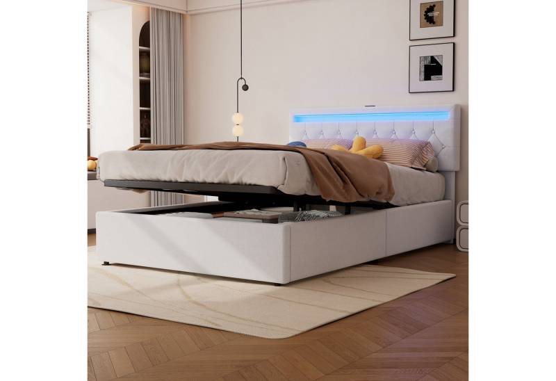 Merax Polsterbett mit höhenverstellbarem Kopfteil (1-tlg), LED Hydraulisches Doppelbett mit USB/Typ-C-Steckdosen,140x200cm,Leinen von Merax