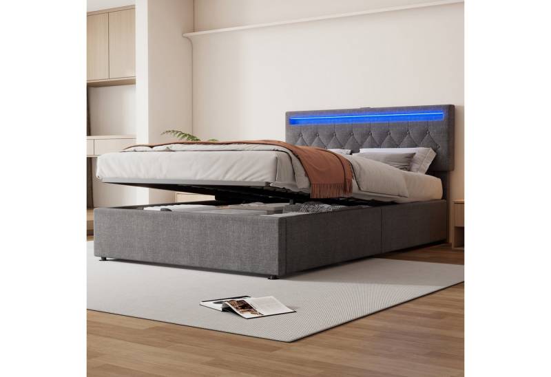 Merax Polsterbett mit höhenverstellbarem Kopfteil (1-tlg), LED Hydraulisches Doppelbett mit USB/Typ-C-Steckdosen,140x200cm,Leinen von Merax