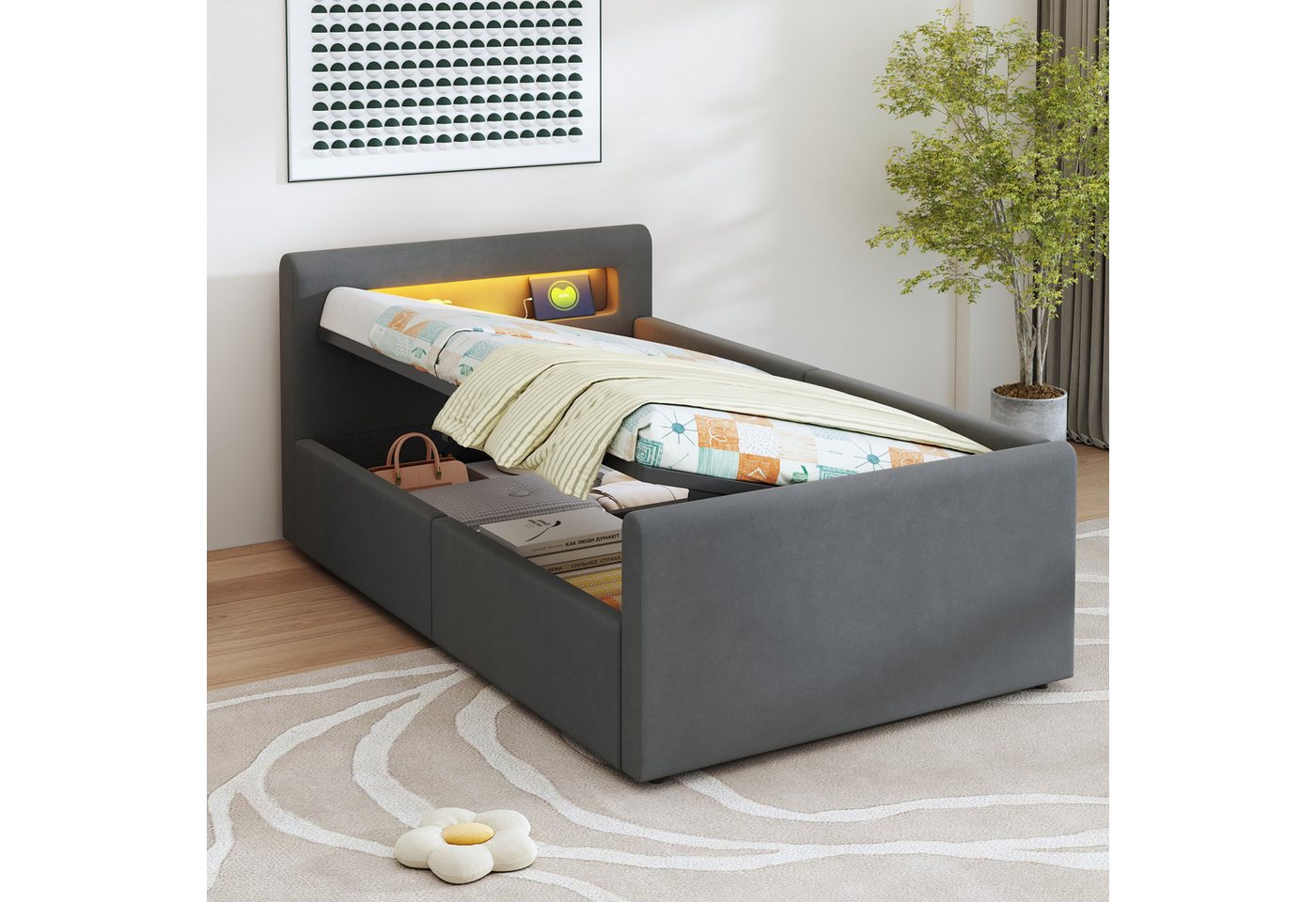 Merax Polsterbett mit hydraulischem Stauraum und Regal (Daybett Tagesbett Schlafsofa, 1-tlg), Kinderbett 90x200cm mit LED USB-Anschluss Nachtlicht, Samt Einzelbett von Merax