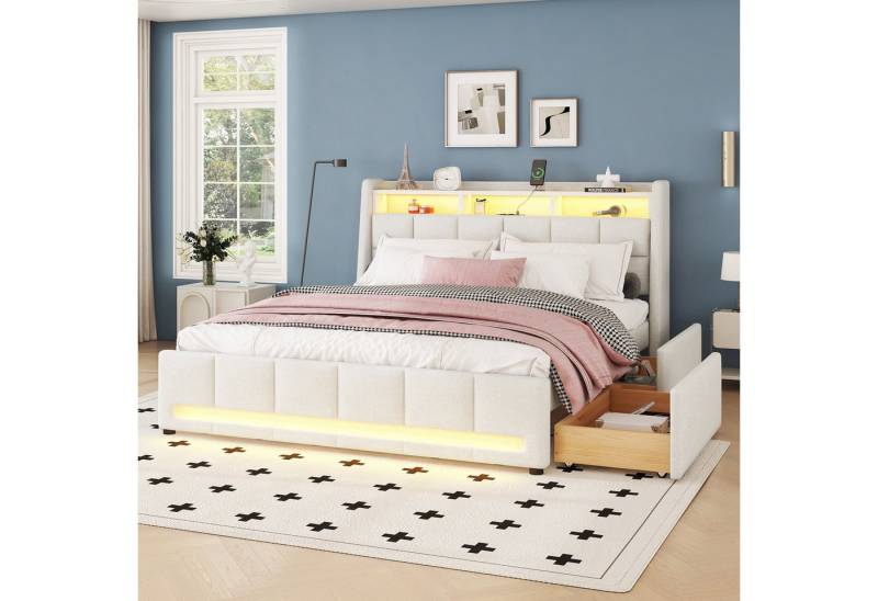Merax Polsterbett mit integriertem Staufach & 2Schubladen, Doppelbett 140x200cm mit LED & Steckdosen, Mehrzweckbett aus Leinen von Merax