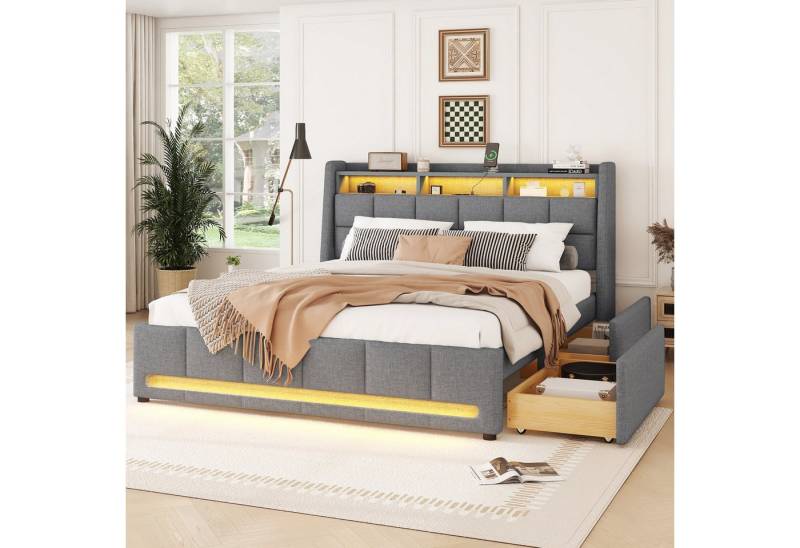 Merax Polsterbett mit integriertem Staufach & 2Schubladen (1-tlg), Doppelbett 160x200cm mit LED & Steckdosen, Mehrzweckbett aus Leinen von Merax