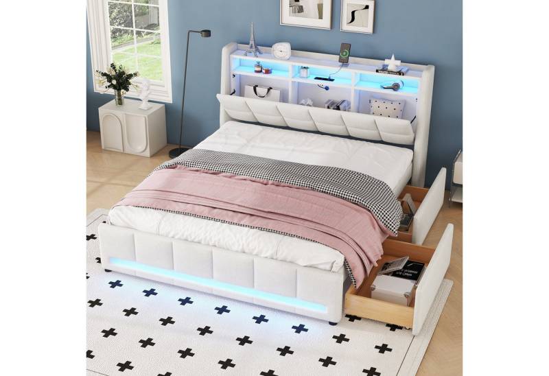 Merax Polsterbett mit integriertem Staufach & 2Schubladen (1-tlg), Doppelbett 160x200cm mit LED & Steckdosen, Mehrzweckbett aus Leinen von Merax