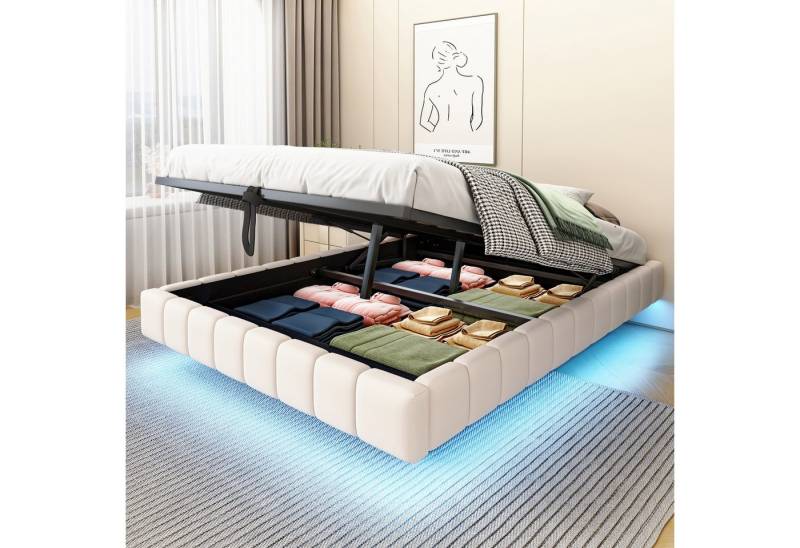 Merax Polsterbett schwebendes Design mit LED-Lichtleiste (1-tlg., Hydraulisches Stauraumbett Mehrzweckbett), Doppelbett 140x200cm mit hydraulischem Stauraum, ohne Kopfteil, Leinen von Merax