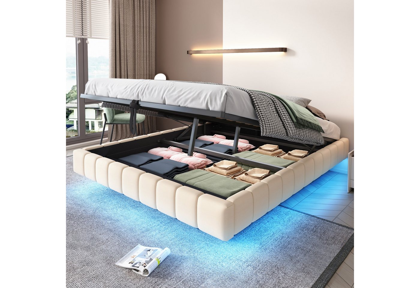 Merax Polsterbett schwebendes Design mit LED-Lichtleiste (1-tlg., Hydraulisches Stauraumbett Mehrzweckbett), Doppelbett 160x200cm mit hydraulischem Stauraum, ohne Kopfteil, Leinen von Merax