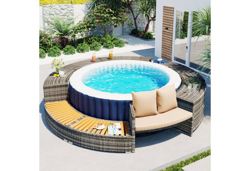 Merax Poolleiter Poolumrandung Rund für Whirlpool, Gartenmöbel Set, Lounge Set (3-St), Whirlpool Umrandung Polyrattan mit Stauraum, Spa Schwimmbecken von Merax