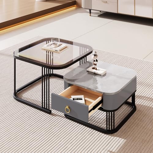 Merax Quadratisch Couchtisch 2er Set, Hochglanz Wohnzimmertisch mit Marmoroptik und Glasplatte, Moderne Beistelltisch mit Stauraum, für Wohnzimmer, Balkon und Büro, Grau und Schwarz von Merax