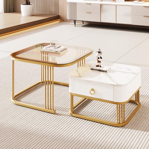 Merax Quadratisch Couchtisch 2er Set, Hochglanz Wohnzimmertisch mit Marmoroptik und Teebraun Glasplatte, Moderne Beistelltisch mit Stauraum, für Wohnzimmer, Balkon, Weiß und Teebraun von Merax