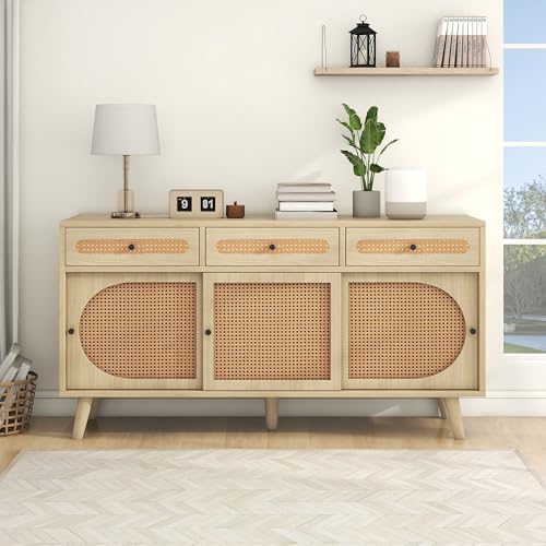 Merax Rattan Sideboard Kommode mit 3 Rattan-Schiebetüren& Schubladen, Sideboard Holz Küchenschrank Buffet mit verstellbaren Einlegeböde, Eiche/140x40x78cm Merax Rattan Sideboard Kommode mit 3 Rattan-Schiebetüren& Schubladen, Sideboard Holz Küchenschrank Buffet mit verstellbaren Einlegeböde, Eiche/140x40x78cm von Merax