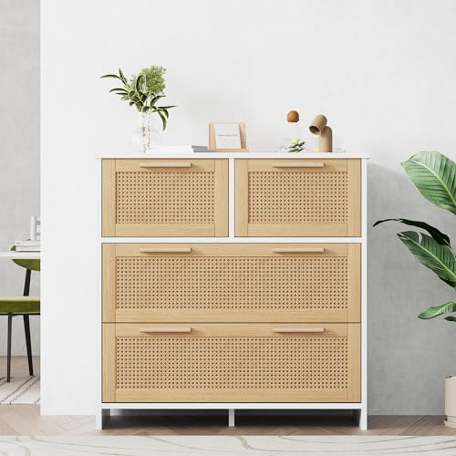 Merax Rattan Sideboard Kommode mit 4 Schubladen, Sideboard Holz Küchenschrank Buffet mit Massivholzgriffen, für Küche, Esszimmer, Wohnzimmer, Flur, Eiche+Weiß/80x38x80cm Merax Rattan Sideboard Kommode mit 4 Schubladen, Sideboard Holz Küchenschrank Buffet mit Massivholzgriffen, für Küche, Esszimmer, Wohnzimmer, Flur, Eiche+Weiß/80x38x80cm von Merax