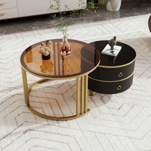 Merax Rund Couchtisch 2er Set, Moderne wohnzimmertisch mit Glas Desktop, Hochglanz Satztisch mit Schubladen, für Wohnzimmer, Balkon und Büro, Schwarz Merax Rund Couchtisch 2er Set, Moderne wohnzimmertisch mit Glas Desktop, Hochglanz Satztisch mit Schubladen, für Wohnzimmer, Balkon und Büro, Schwarz von Merax
