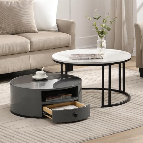 Merax Rund Couchtisch 2er Set,Nesting Couchtisch-Set: Schwarzer und Grauer PVC-Marmor-Look mit Hochglanzfinish und integrierter Aufbewahrung für EIN Elegantes Design Merax Rund Couchtisch 2er Set,Nesting Couchtisch-Set: Schwarzer und Grauer PVC-Marmor-Look mit Hochglanzfinish und integrierter Aufbewahrung für EIN Elegantes Design von Merax