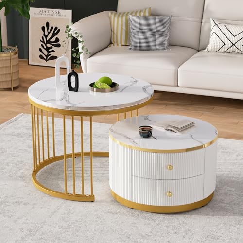Merax Runder Couchtisch 2er Set, Moderne Beistelltisch Satztisch mit 2 Schublade, Wohnzimmertisch Sofatische Kaffeetische, Hochglanz Marmoriert, Gold Metallgestell, für Empfangszimmer, Balkon, Büro Merax Runder Couchtisch 2er Set, Moderne Beistelltisch Satztisch mit 2 Schublade, Wohnzimmertisch Sofatische Kaffeetische, Hochglanz Marmoriert, Gold Metallgestell, für Empfangszimmer, Balkon, Büro von Merax