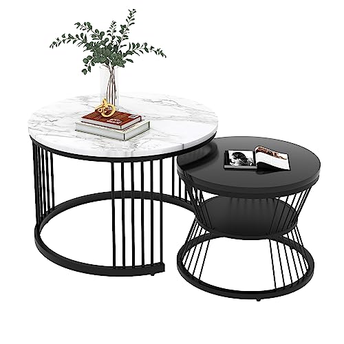 Merax Runder Couchtisch 2er Set, Moderne Beistelltisch mit Hochglanz Marmoriert für Wohnzimmer, Satztisch für Empfangszimmer, Balkon, und Büro, Metallgestell, Einzigartige Form, Schwarz & Weiß von Merax