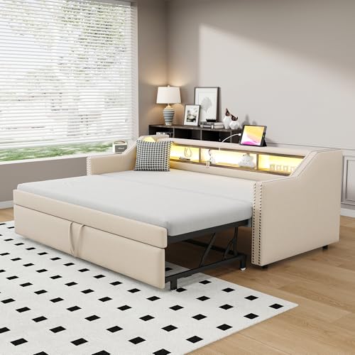 Merax Schlafcouch Ausziehbar 90/180 x 190 cm, Klappsofa mit LED-Licht und USB-Buchse, Couch Bett 2 Sitzer mit Schlaffunktion, Leinenstoff, Beige (Ohne Matratze) von Merax