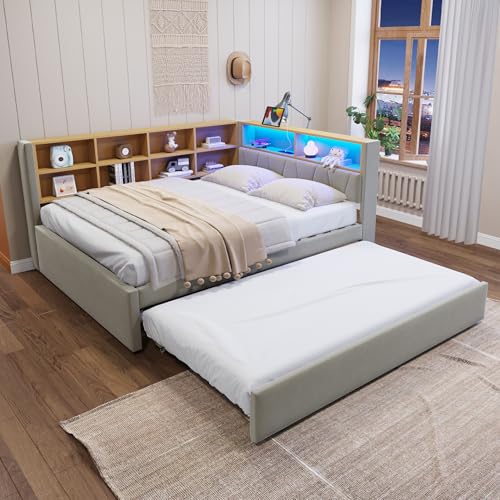Merax Schlafsofa 140 x 200 cm, mit Ausziehbett 90 x 190 cm, Schlafcouch Ausziehbar mit LED Leuchten und Ablagefächern, Flanell, Hellgrau (Ohne Matratze) von Merax