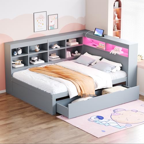 Merax Schlafsofa 140 x 200 cm mit Schubladen, Holz Bett mit USB-Steckdose und LED-Lichtleiste, Grau (Ohne Matratze) von Merax