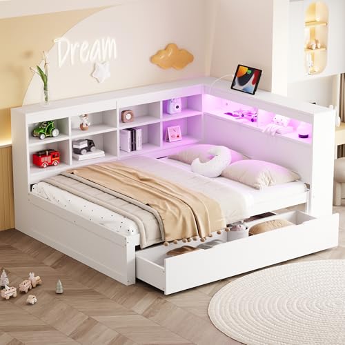 Merax Schlafsofa 140 x 200 cm mit Schubladen, Holz Bett mit USB-Steckdose und LED-Lichtleiste, Weiß (Ohne Matratze) von Merax