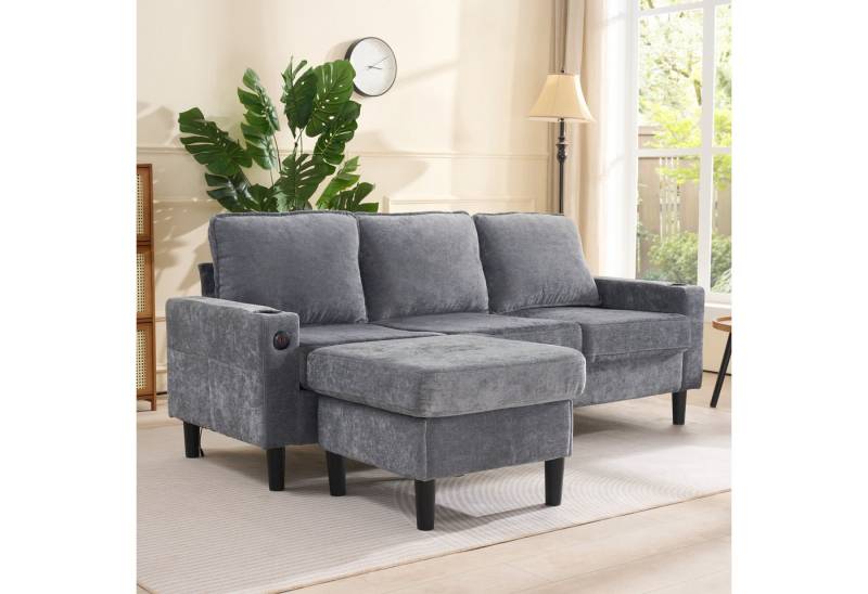Merax Schlafsofa 3-Sitzer-Sofa mit USB & Typ-C-Anschlüssen, 202*137*80cm 1 Teile, L-förmiges Schlafsofa mit Getränkehaltern & Hocker, Leinen Polstersofa von Merax