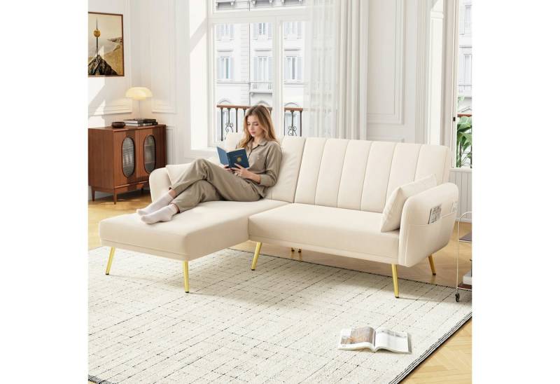 Merax Schlafsofa L-Form Klappsofa Samt Schlafsofa Ecksofa mit Schlaffunktion, 2–3 Sitzplätze, Metall-Rohrfüße 1 Teile, 3-Sitzer-Sofa mit verstellbarer Rückenlehne und Aufbewahrungstaschen von Merax