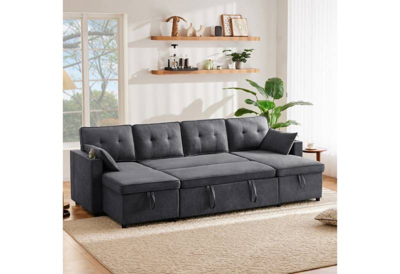 Merax Schlafsofa U-förmiges Sektionssofa aus Baumwoll- & Leinenstoff, 1 Teile, Sectional Couch Sofa mit Getränkehalter & Stauräumen, für Wohnzimmer von Merax