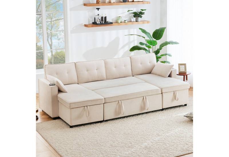 Merax Schlafsofa U-förmiges Sektionssofa aus Baumwoll- & Leinenstoff, 1 Teile, Sectional Couch Sofa mit Getränkehalter & Stauräumen, für Wohnzimmer von Merax