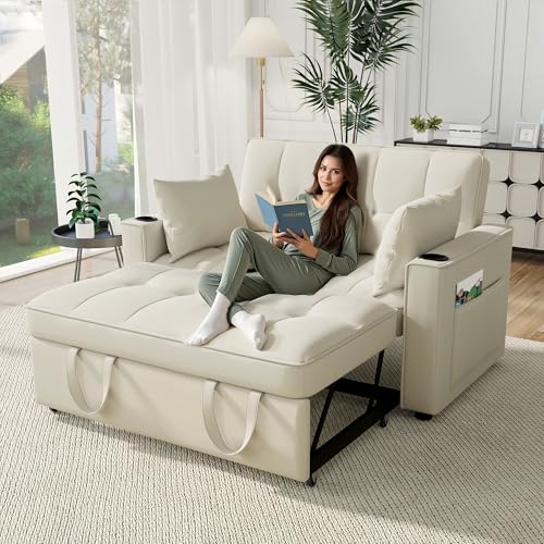 Merax Schlafsofa mit Bettkasten, 2-Sitzer Sofa mit Schlaffunktion, Klappbares 3-in-1 Schlafcouch mit Verstellbarer Rückenlehne, Getränkehalter und Armlehnentaschen, aus Samt, Beige 137 x 76.5 x 83 cm von Merax
