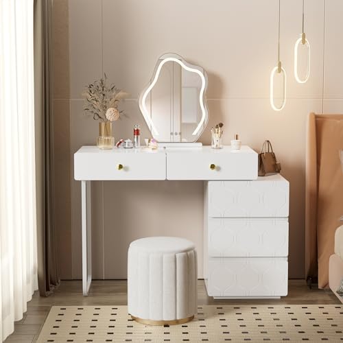 Merax Schminktisch, Moderner Vanity mit 5 Schubladen, Schrank und Beine Links und rechts austauschbar, Weiß (ohne Spiegel und Hocker) von Merax