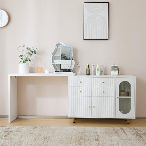 Merax Schminktisch mit Spiegel und LED-Beleuchtung, Dressing Table mit Drehbarem Spiegel, Vanity Desk mit 4 Schubladen und 3 Türen, Ecke Vanity, L-Form ändern, Weiß (ohne Hocker) von Merax