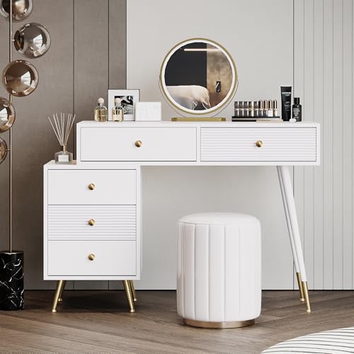 Merax Schminktisch mit Spiegel und LED-Beleuchtung, Dressing Table mit Seitenschrank, Vanity Desk mit 5 Schubladen, Weiß (ohne Hocker), B100/H78/T40 cm von Merax