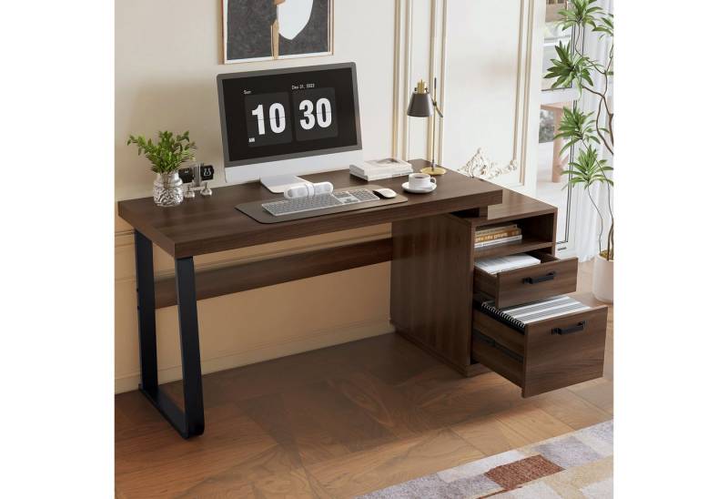 Merax Schreibtisch (1-St., 135x54x76.3cm), Arbeitstisch mit 2 Schubladen, Bürotisch aus MDF & Stahl von Merax