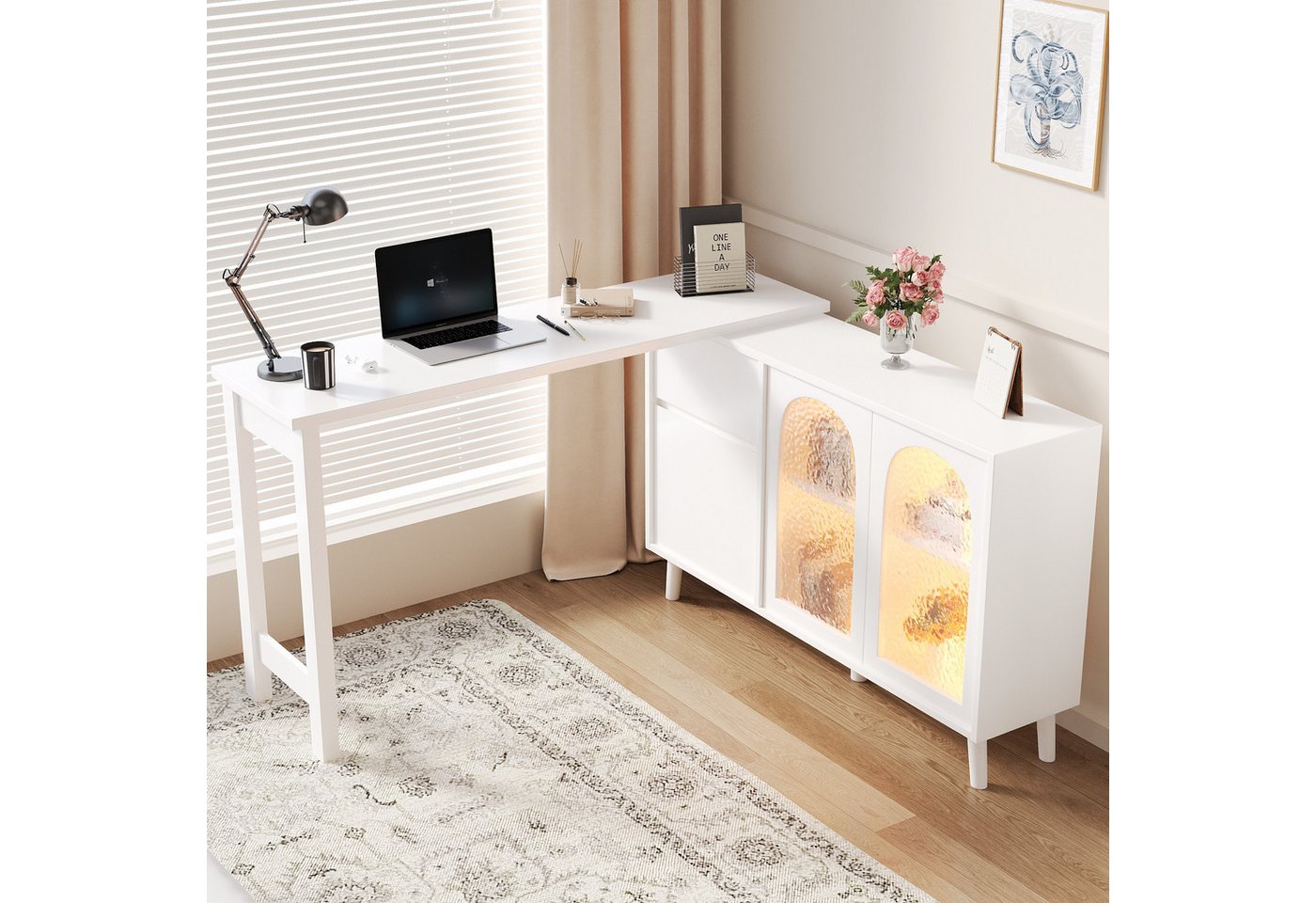 Merax Schreibtisch 360° drehbar Bürotisch mit LED, 2-in-1 Sideboard/Arbeitsplatte (1-St., 120×40×78 cm), Kommode Arbeitstisch Eckschreibtisch mit Acryltüren & Stauraum von Merax