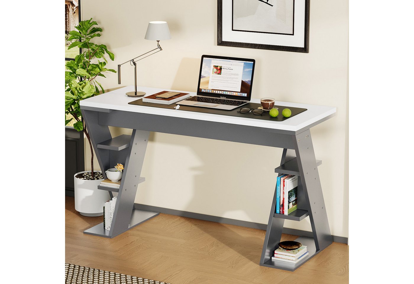 Merax Schreibtisch X-förmiger Arbeitstisch mit Lagerregal (1-St), Bürotisch Computertisch mit 6 Ablagefächern, 120x50x74cm von Merax