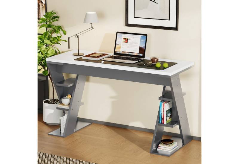 Merax Schreibtisch X-förmiger Arbeitstisch mit Lagerregal (1-St), Bürotisch Computertisch mit 6 Ablagefächern, 120x50x74cm von Merax