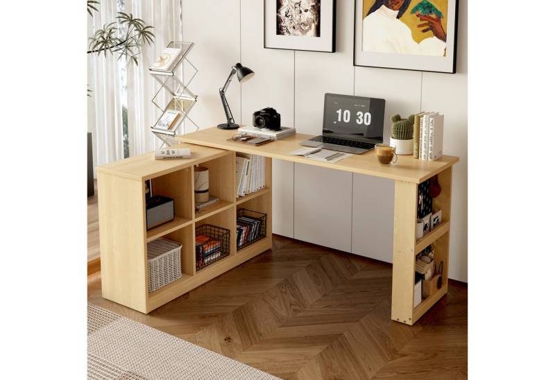 Merax Schreibtisch mit drehbarem Lagerschrank und 6 Fächer (1-St., Holz Büroschreibtisch Bürotisch), Arbeitstisch mit Ablage und Lochplatte aus Metall,140x104cm, Natur von Merax