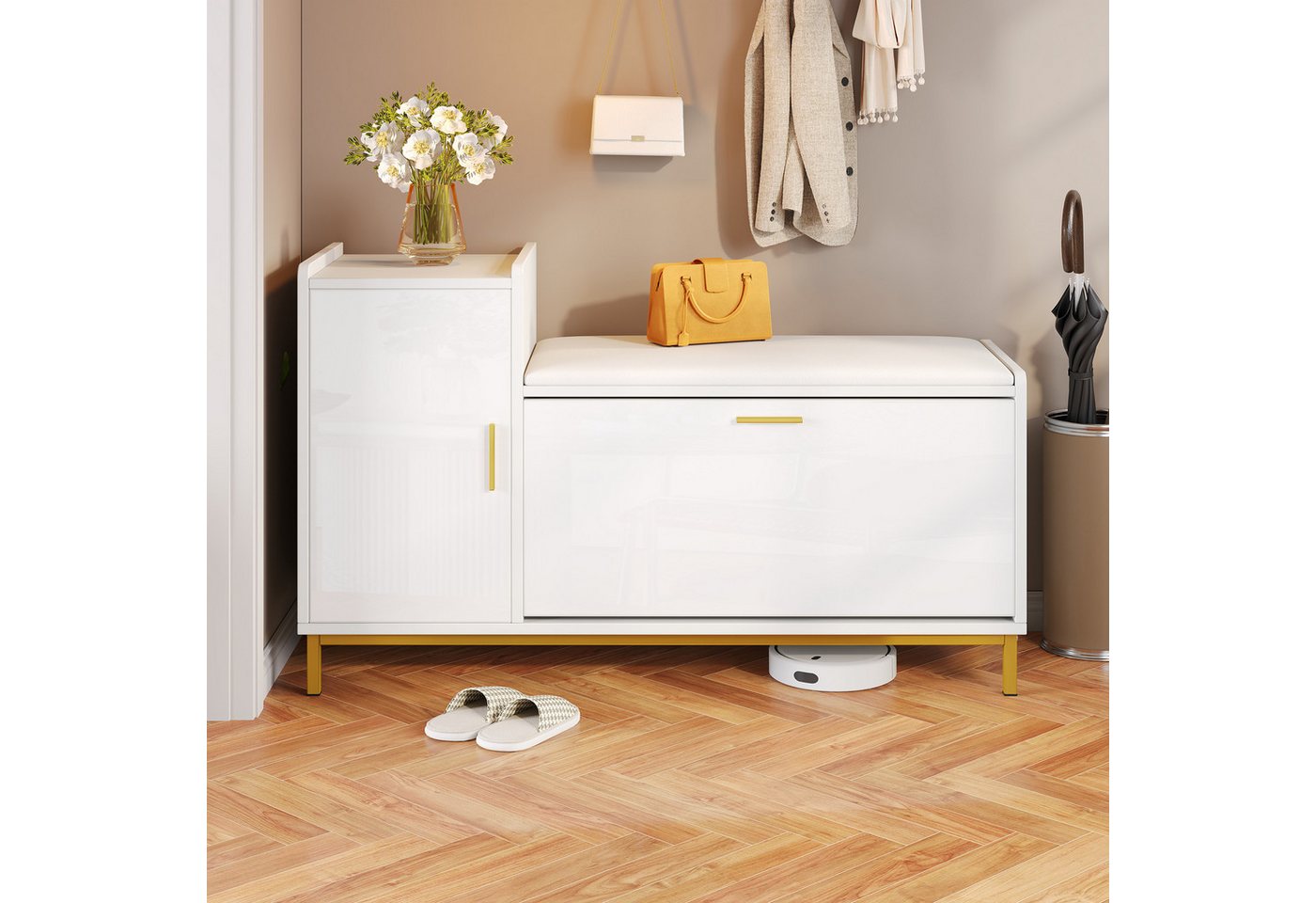 Merax Schuhbank Hochglanz in Weiß und Gold, mit gepolsterter Sitzfläche (100×38×68 cm, 1-St., Schuhbank für Flur, Wohnzimmer oder Büro), Schuhschrank mit 2 Fächern, 1 Schrank & Metallfüße von Merax