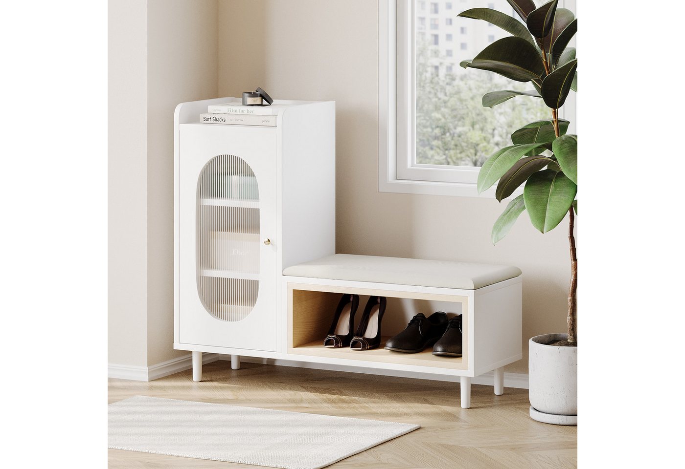 Merax Schuhbank gepolstert mit Holzbeine, Schuhtruhe mit Highboard, Schuhschrank, Schuhregal von Merax