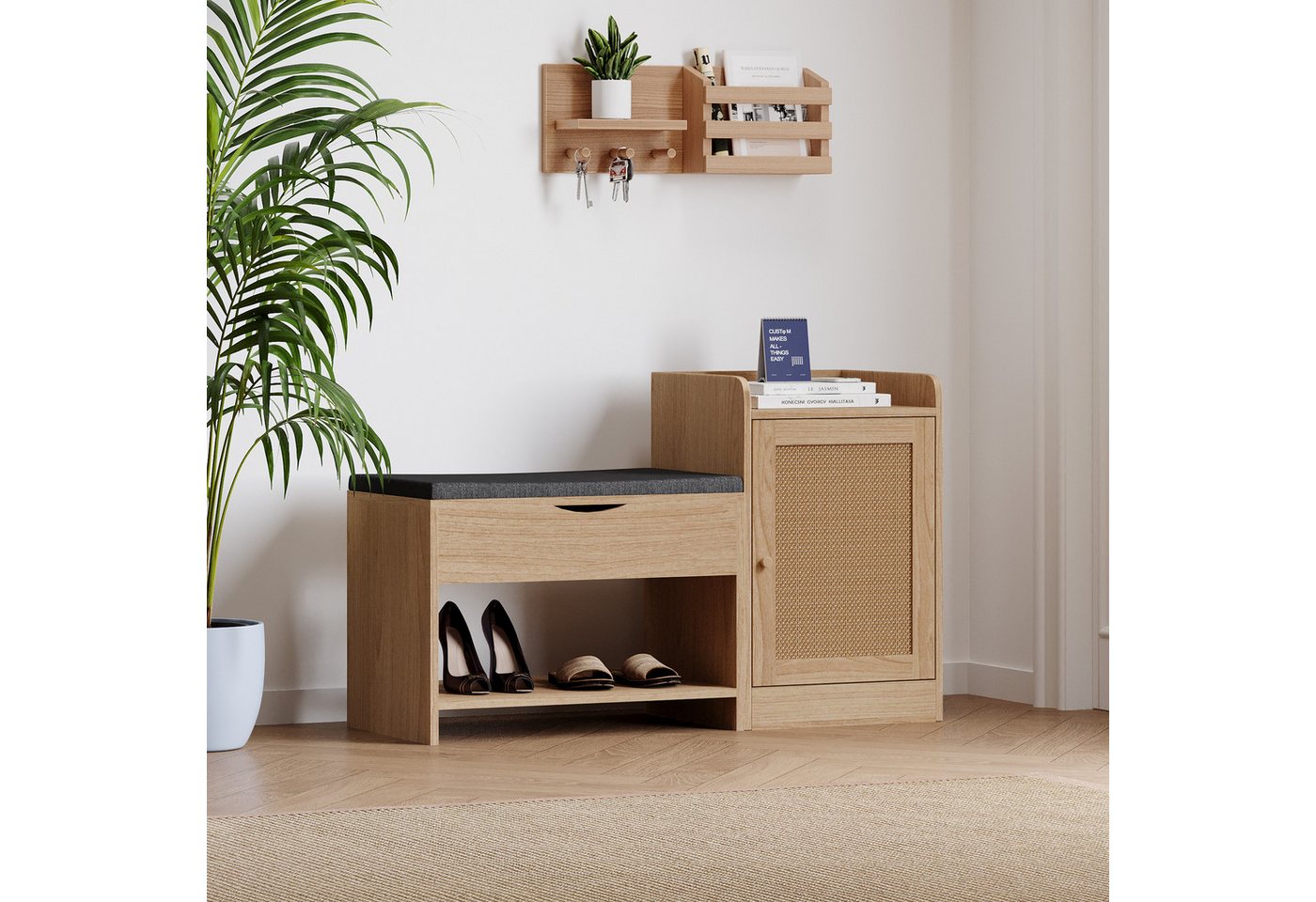 Merax Schuhbank gepolstert mit Sideboard, Schuhregal, Schuhtruhe mit Spiegel, Schuhschrank mit verstellbaren Einlegeböden von Merax