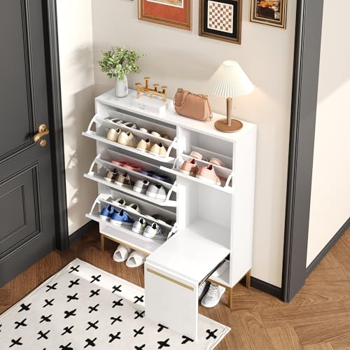 Merax Schuhschrank Schmal, Schuhschrank mit Schuhwechselhocker, Schuhkipper mit 4 Klappen und offener Ablagefläche, Schuhregal, Shoe Cabinet, Weiß+Gold, 105x25x115,5cm Merax Schuhschrank Schmal, Schuhschrank mit Schuhwechselhocker, Schuhkipper mit 4 Klappen und offener Ablagefläche, Schuhregal, Shoe Cabinet, Weiß+Gold, 105x25x115,5cm von Merax