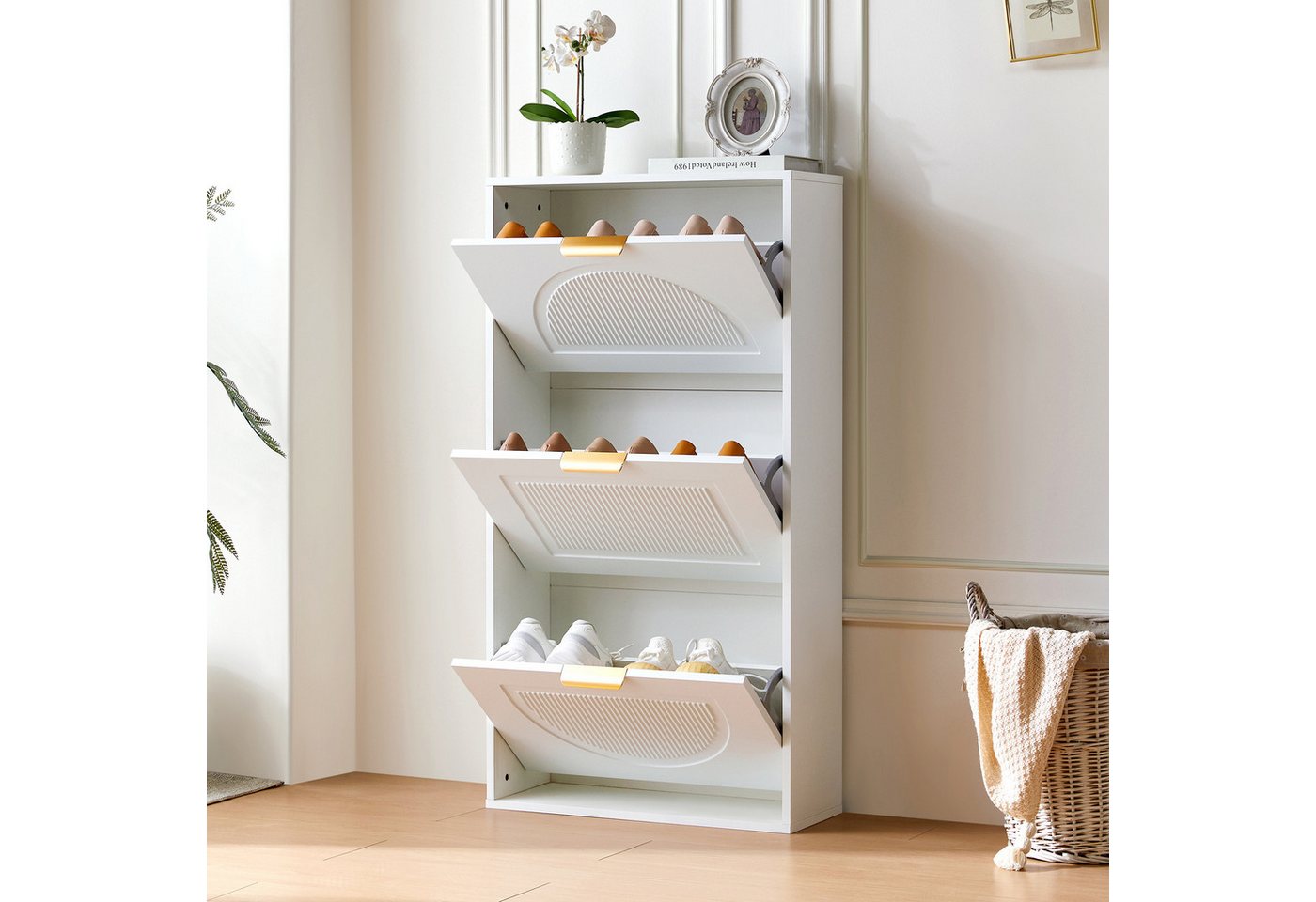 Merax Schuhschrank Schmal (1-St., B60×H114×T24cm) Schuhregal mit 3 Klappen,Schuhkommode Schuhschrank mit Flur/Wohnzimmer von Merax