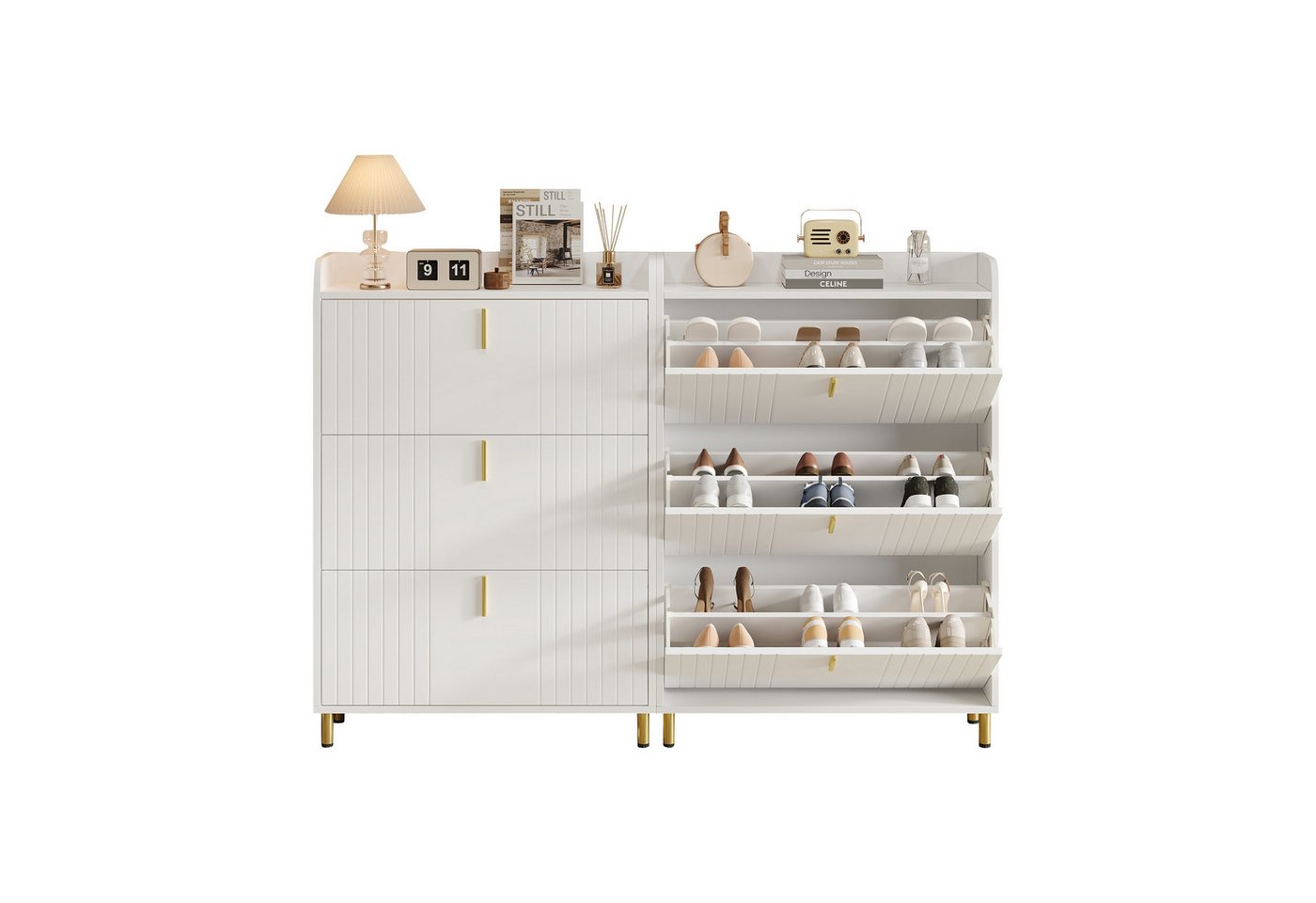 Merax Schuhschrank mit 3 Klappen, verstellbaren Regalen und Ablage (2-St) Schuhregal Schuhkommode mit goldenen Akzenten, mattweiß von Merax