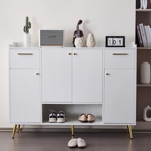 Merax Schuhschrank mit 4 Türen und 2 Schublade, offene Fächer, multifunktionales Schuhkommode mit verstellbare Ablage, modern Schuhregal Holz mit Metallbeine, für Wohnzimmer, Schlafzimmer, Flur, Weiß von Merax